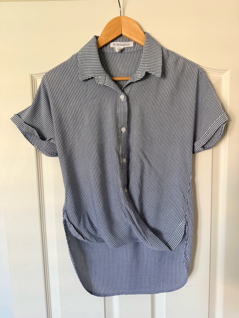 BCBGeneration Navy and White Striped Button Front Shirt